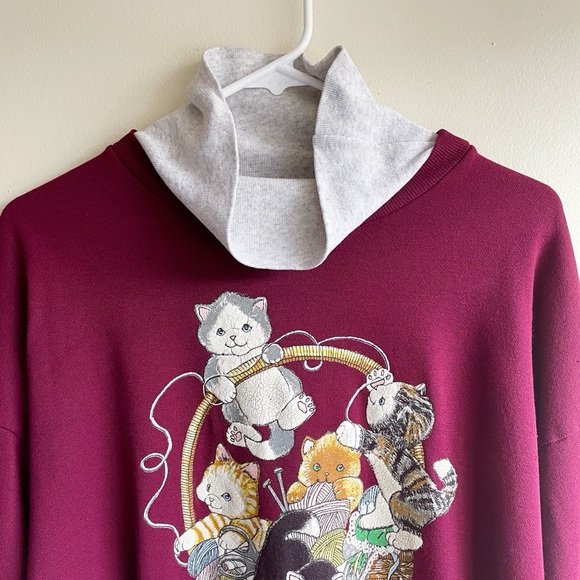 Vintage 90s Burgundy Yarn Kit Kitty Cat A Bit Unraveled Sweatshirt Phoebe Buffay - Picture 6 of 7